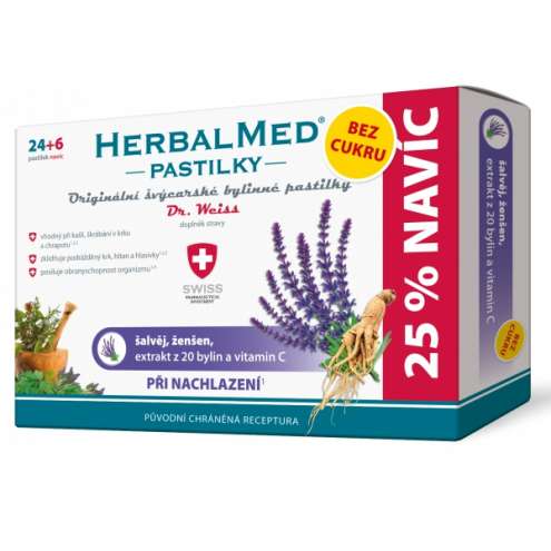 Dr. Weiss HerbalMed Pastilky bez cukru Šalvěj, ženšen, Vitamin C 30 ks
